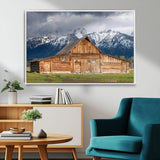 15173627-MGV-FC-36X24_White-Barn Wall Art – Rustic Wooden Cabin Canvas Print with Snowy Mountain Landscape, Western Farmhouse Country Decor for Living Room,