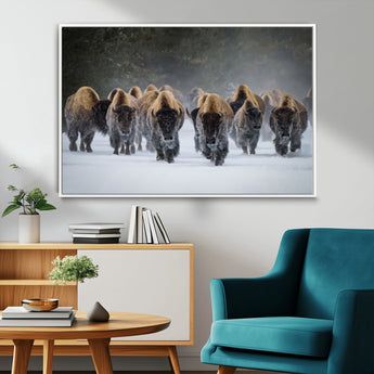 30332489-MGV-CV-36X24-Winter Bison Herd Wall Art – Powerful Buffalo Canvas Print, Rustic Wildlife Photography Decor for Farmhouse, Cabin, Lodge, Living