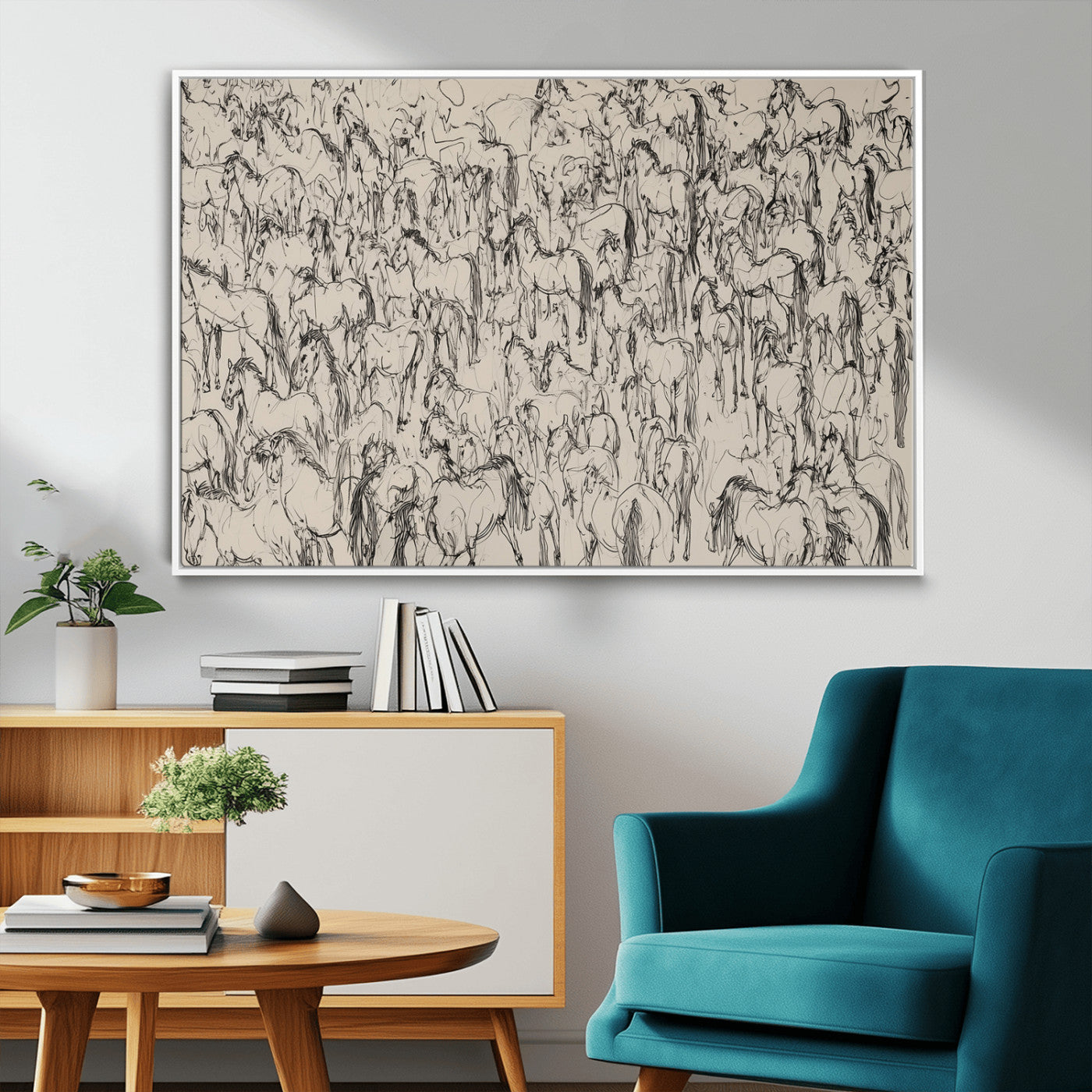 12358908-MGV-CV-36X24-Horse Herd Sketch Wall Art – Abstract Wild Horses Line Drawing Canvas Print, Rustic Western Style Equestrian Decor for Living