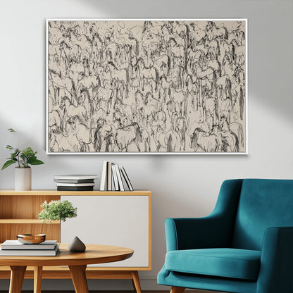 12358908-MGV-CV-36X24-Horse Herd Sketch Wall Art – Abstract Wild Horses Line Drawing Canvas Print, Rustic Western Style Equestrian Decor for Living