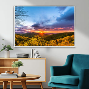 25786346-MGV-FC-36X24_White-Sunset Over Mountains Wall Art – Nature Landscape Canvas Print, Golden Hour Forest Photography, Scenic Sunrise Artwork for Living