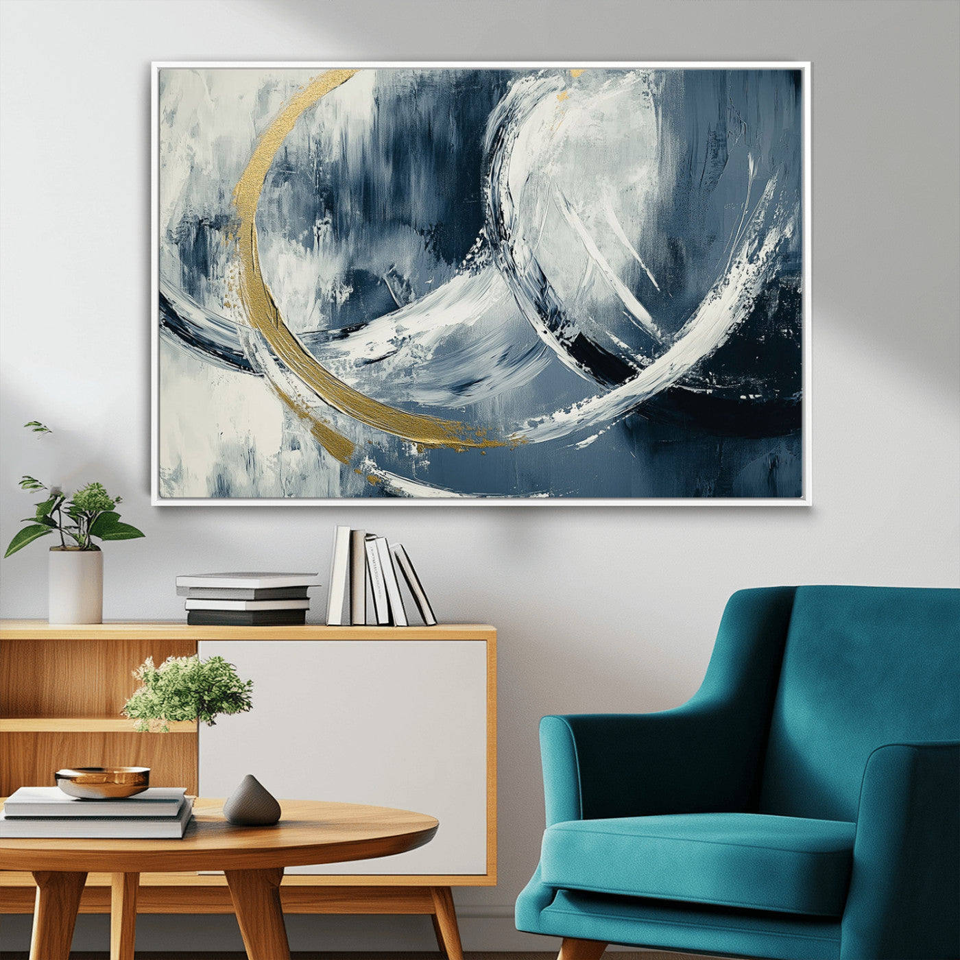 97295757-MGV-FC-36X24_White-Abstract Blue and Gold Wall Art – Modern Luxury Canvas Print, Navy White Brushstroke Painting, Contemporary Living Room Office
