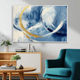 42475677-MGV-FC-36X24_White-Blue and Gold Abstract Wall Art – Modern Luxury Canvas Print, Navy White Brushstroke Painting, Contemporary Home Office Living