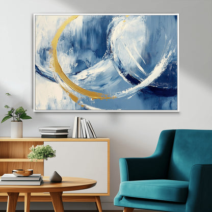 42475677-MGV-FC-36X24_White-Blue and Gold Abstract Wall Art – Modern Luxury Canvas Print, Navy White Brushstroke Painting, Contemporary Home Office Living
