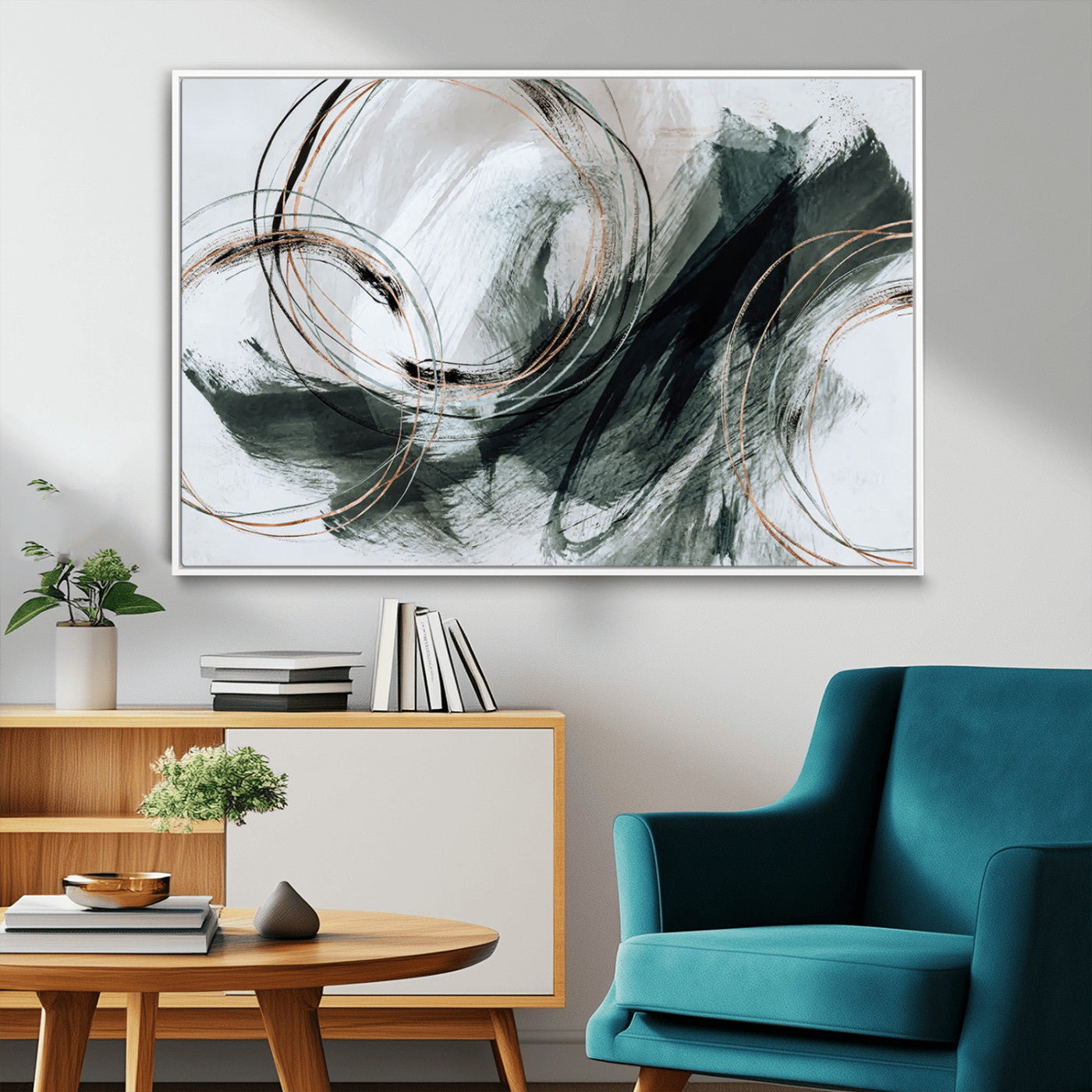 86583265-SEG-FC-90X60_Oversize_Oversize-Black and Gray Abstract Wall Art – Modern Copper Circle Canvas Print, Contemporary Minimalist Painting for Living Room, Bedroom,