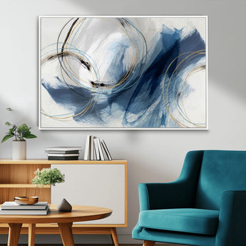 49589477-MGV-FC-36X24_White-Blue Abstract Wall Art – Modern Circle Canvas Print with Gold and Black Accents, Contemporary Fluid Brushstroke Painting for