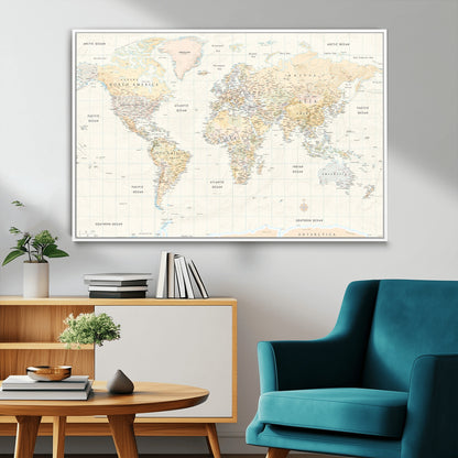 40660043-MGV-FC-36X24_White-World Map Wall Art – Large Detailed Atlas Style Map Print with Countries, Cities, and Oceans, Neutral Beige and Tan Educational