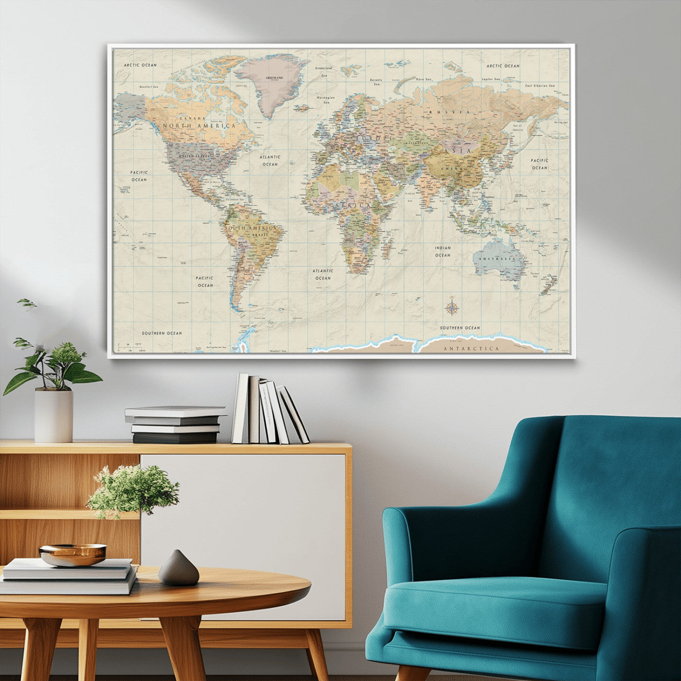 41929777-MGV-FC-36X24_White-World Map Wall Art – Large Detailed Political Atlas Style Map Print with Countries, Cities, and Oceans, Warm Earth Tone