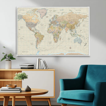 41929777-MGV-FC-36X24_White-World Map Wall Art – Large Detailed Political Atlas Style Map Print with Countries, Cities, and Oceans, Warm Earth Tone