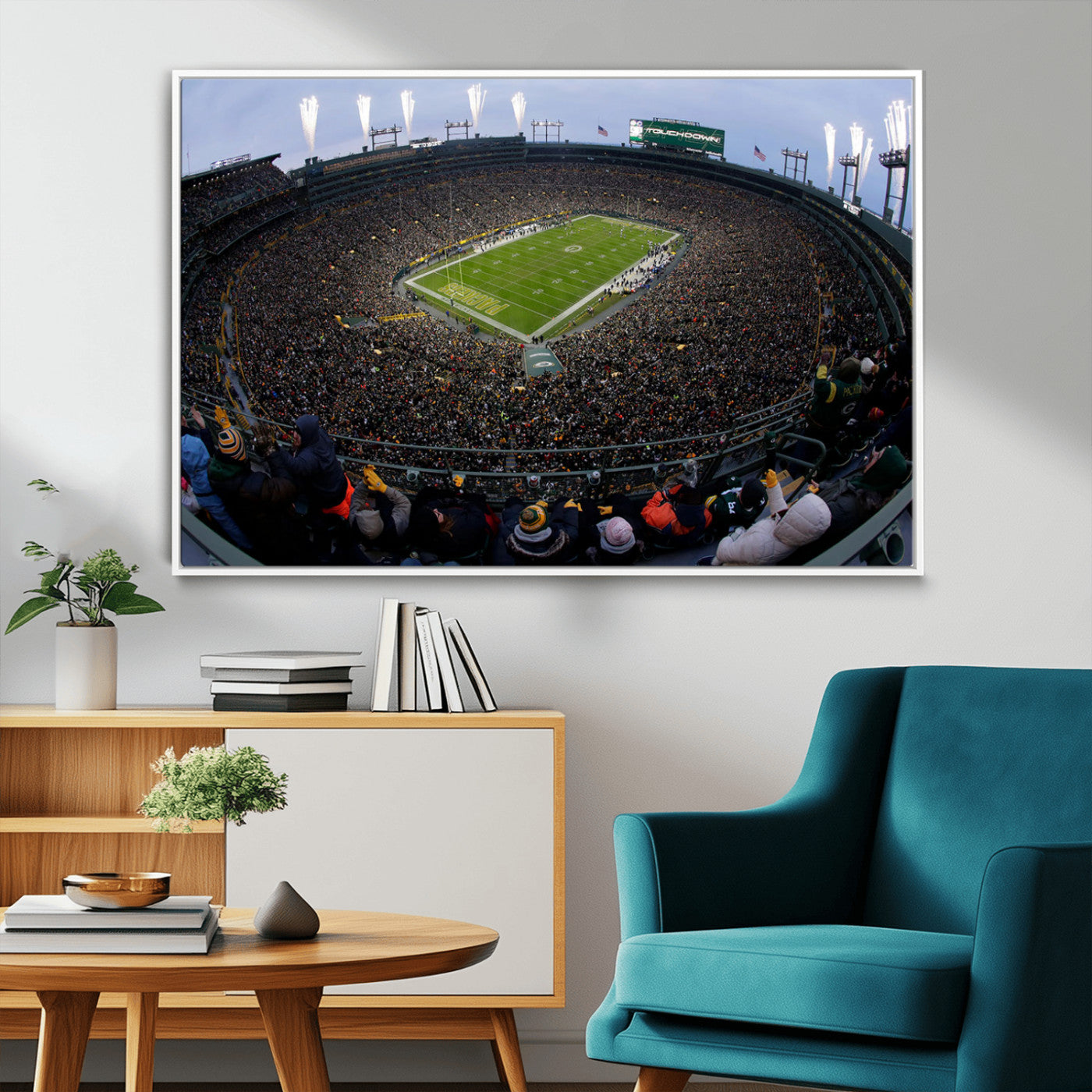 14387817-MGV-CV-36X24-Lambeau Field Stadium Wall Art – Green Bay Packers Game Day Canvas Print with Fireworks and Crowd – NFL Football Fan Man Cave
