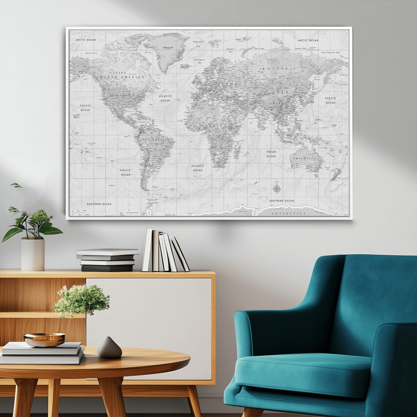 10516725-MGV-FC-36X24_White-Black and White World Map Wall Art – Minimalist Grayscale Canvas Print – Modern Detailed Travel Map Poster for Home, Office, or