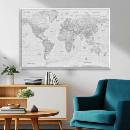 10516725-MGV-FC-36X24_White-Black and White World Map Wall Art – Minimalist Grayscale Canvas Print – Modern Detailed Travel Map Poster for Home, Office, or