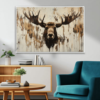 34496536-MGV-CV-36X24-Rustic Moose Wall Art – Modern Abstract Animal Canvas Print – Majestic Moose Head Painting with Neutral Earth Tones for Cabin,