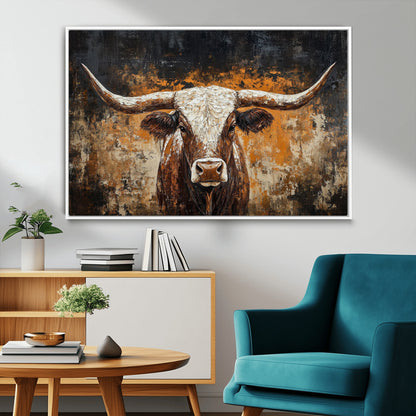 25265572-MGV-FC-36X24_White-Longhorn Bull Wall Art – Rustic Western Texas Steer Canvas Print, Textured Animal Painting for Home, Office, Man Cave or Farmhouse