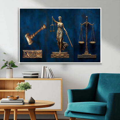 91629053-MGV-FC-36X24_White-Lady Justice Wall Art – Golden Gavel and Scales Canvas Print, Elegant Legal Office Decor for Lawyers, Judges, Courtroom or Study