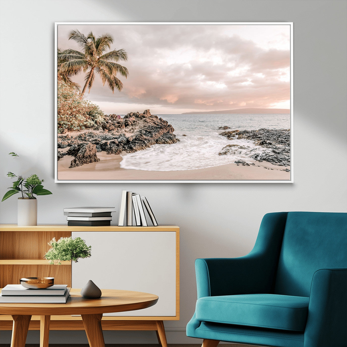 14214613-MGV-FC-36X24_White-Tropical Beach Wall Art – Palm Tree and Ocean Sunset Canvas Print, Relaxing Coastal Landscape Decor for Living Room, Bedroom, or