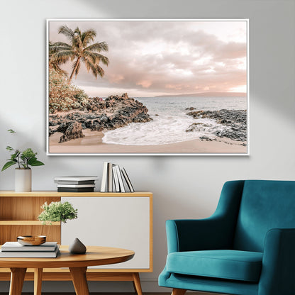 14214613-MGV-FC-36X24_White-Tropical Beach Wall Art – Palm Tree and Ocean Sunset Canvas Print, Relaxing Coastal Landscape Decor for Living Room, Bedroom, or
