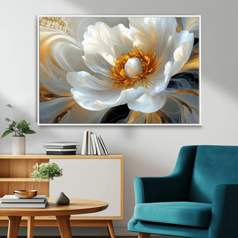 39604126-MGV-FC-36X24_White-Abstract Flower Wall Art – Elegant White and Gold Bloom Canvas Print, Modern Floral Artwork for Bedroom, Living Room, or Office