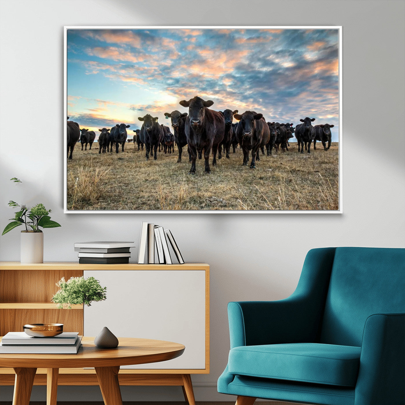 13867292-MGV-CV-36X24-Black Cattle Wall Art – Rustic Ranch Herd Canvas Print, Western Farmhouse Country Landscape Decor for Living Room, Office, or