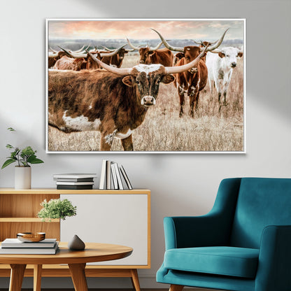 47758300-MGV-FC-36X24_White-Texas Longhorn Cattle Wall Art – Rustic Western Herd Canvas Print, Cowboy Ranch Farmhouse Decor for Living Room, Office, or