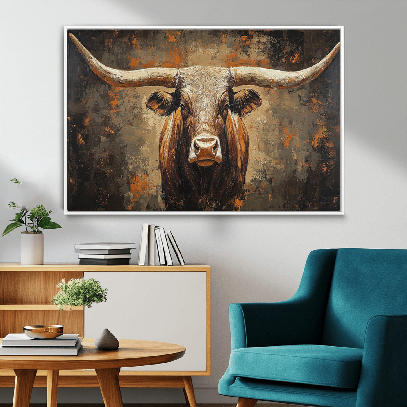 19204445-MGV-FC-36X24_White-Texas Longhorn Bull Wall Art – Rustic Western Canvas Print, Bold Cowboy Cattle Painting for Ranch House, Farmhouse, Office, or