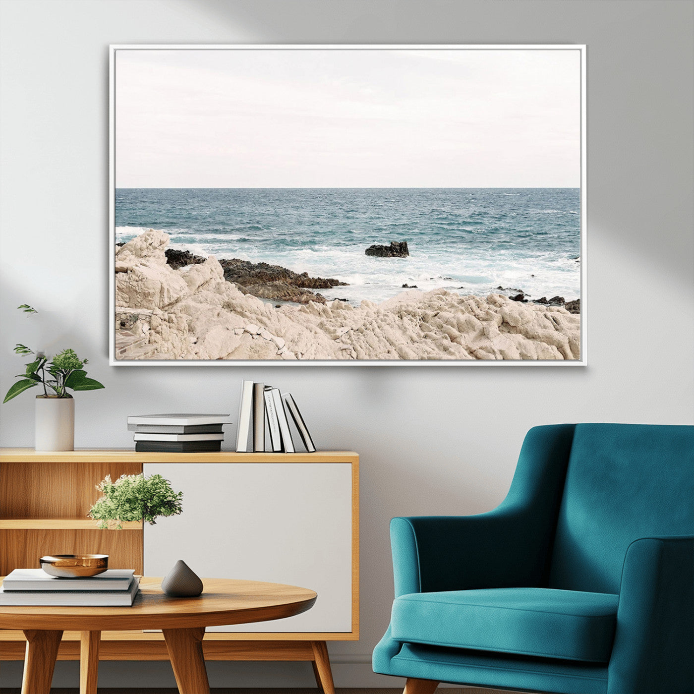 25481980-MGV-FC-36X24_White-Ocean Coastal Wall Art – Rocky Shoreline and Waves Canvas Print, Serene Beach Landscape Decor for Living Room, Bedroom, or Office