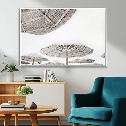 97043123-MGV-FC-36X24_White-Beach Umbrella Wall Art – Minimalist Coastal Canvas Print, Woven Parasol Summer Decor for Bedroom, Living Room, or Modern Beach