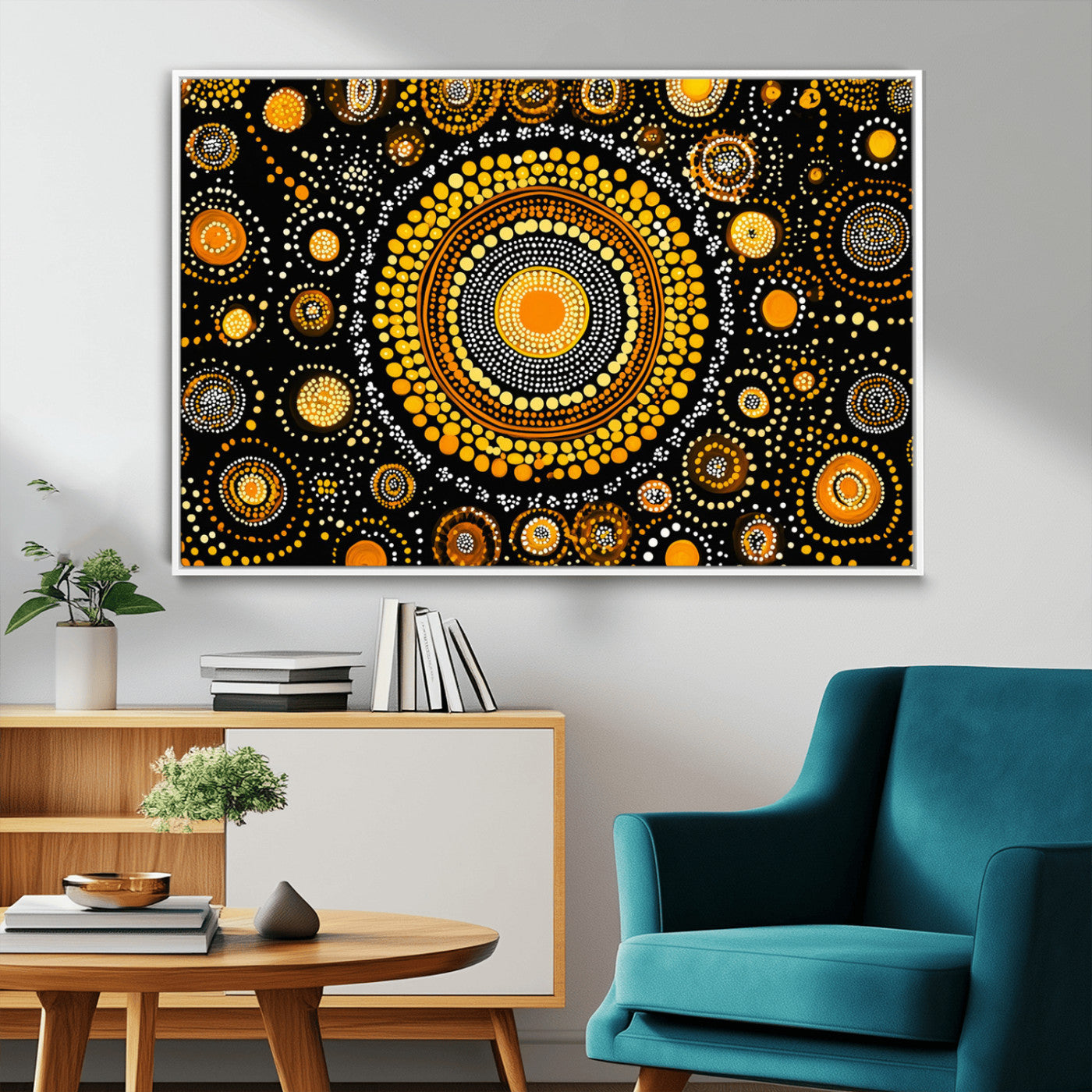 45478523-MGV-FC-36X24_White-Abstract Circle Wall Art – Bold Black and Gold Dot Painting Canvas Print, Modern Geometric Mandala Style Decor for Living Room or