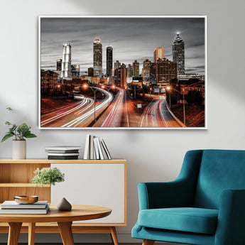 59097239-MGV-CV-36X24-City Skyline Wall Art – Modern Black and White Night Canvas Print with Red Light Trails, Urban Landscape Decor for Living Room or
