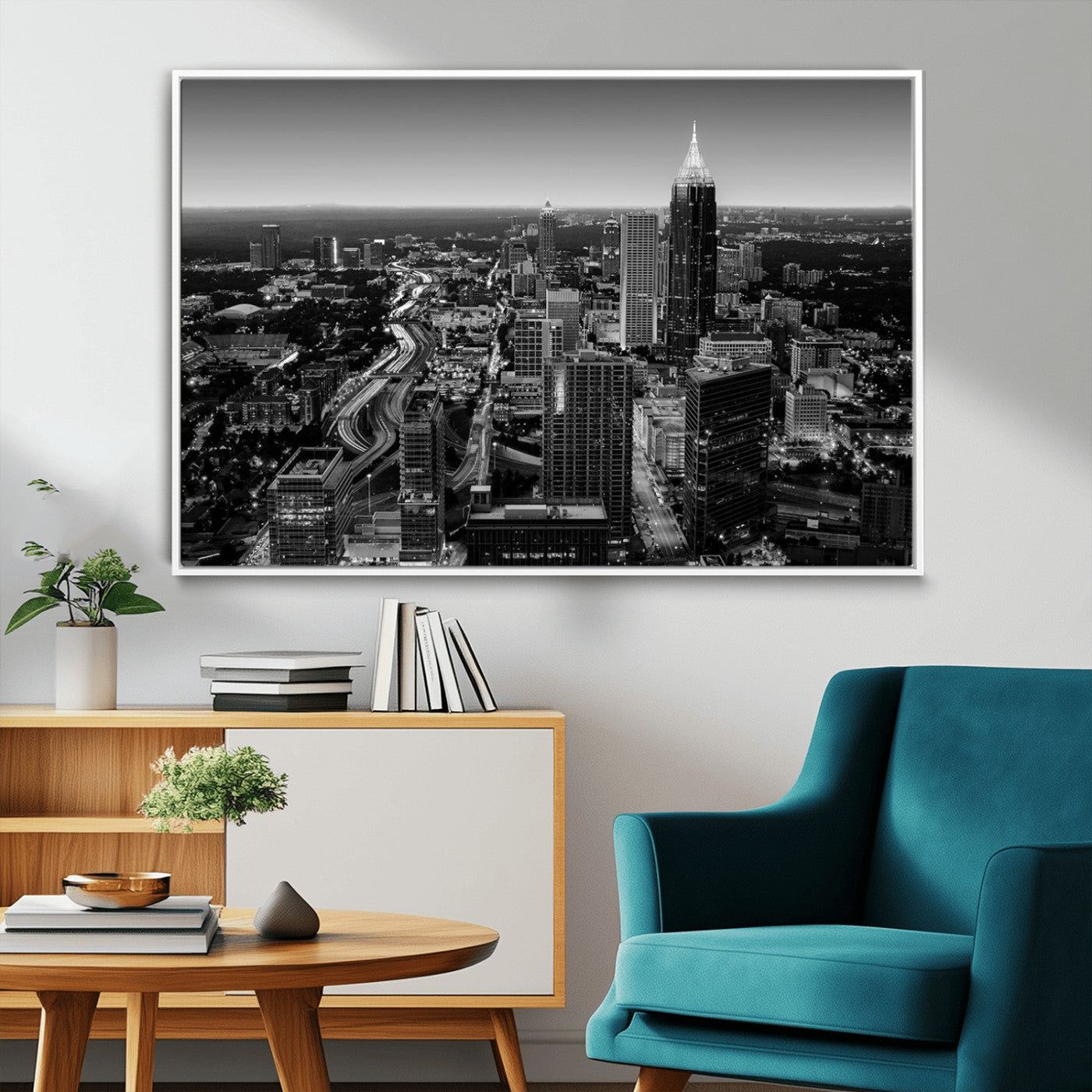 46578567-MGV-FC-36X24_White-Atlanta Skyline Wall Art – Black and White Cityscape Canvas Print, Modern Urban Night Decor for Office, Living Room, or Apartment