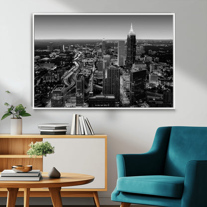 46578567-MGV-FC-36X24_White-Atlanta Skyline Wall Art – Black and White Cityscape Canvas Print, Modern Urban Night Decor for Office, Living Room, or Apartment