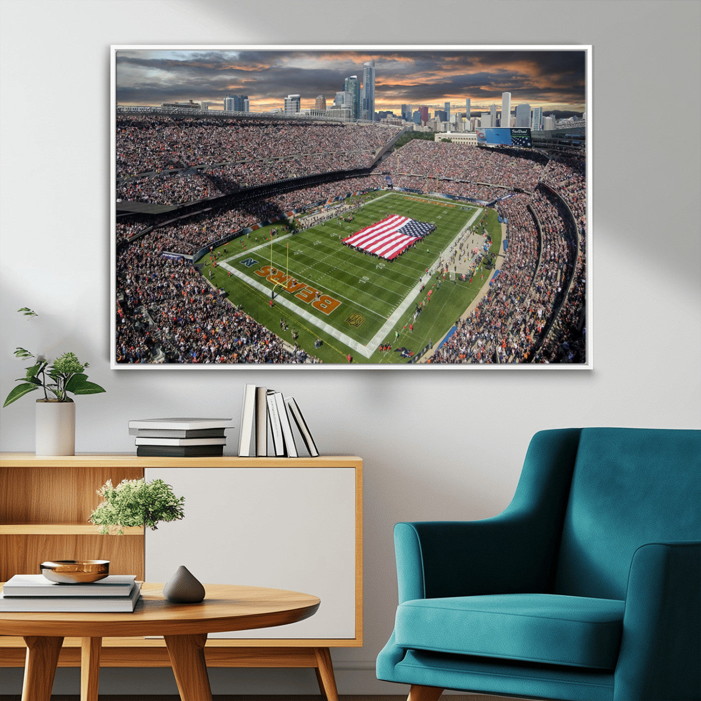 98106777-MGV-CV-36X24-Soldier Field Wall Art – Chicago Bears Stadium Canvas Print with American Flag, Game Day Football Decor for Man Cave, Bar, or