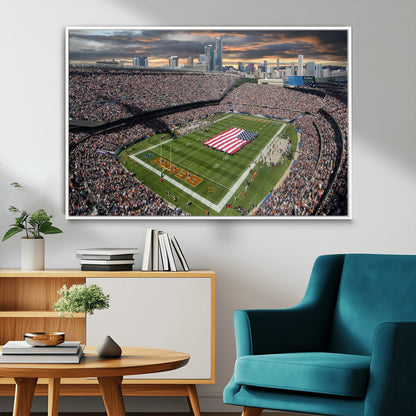 98106777-MGV-CV-36X24-Soldier Field Wall Art – Chicago Bears Stadium Canvas Print with American Flag, Game Day Football Decor for Man Cave, Bar, or