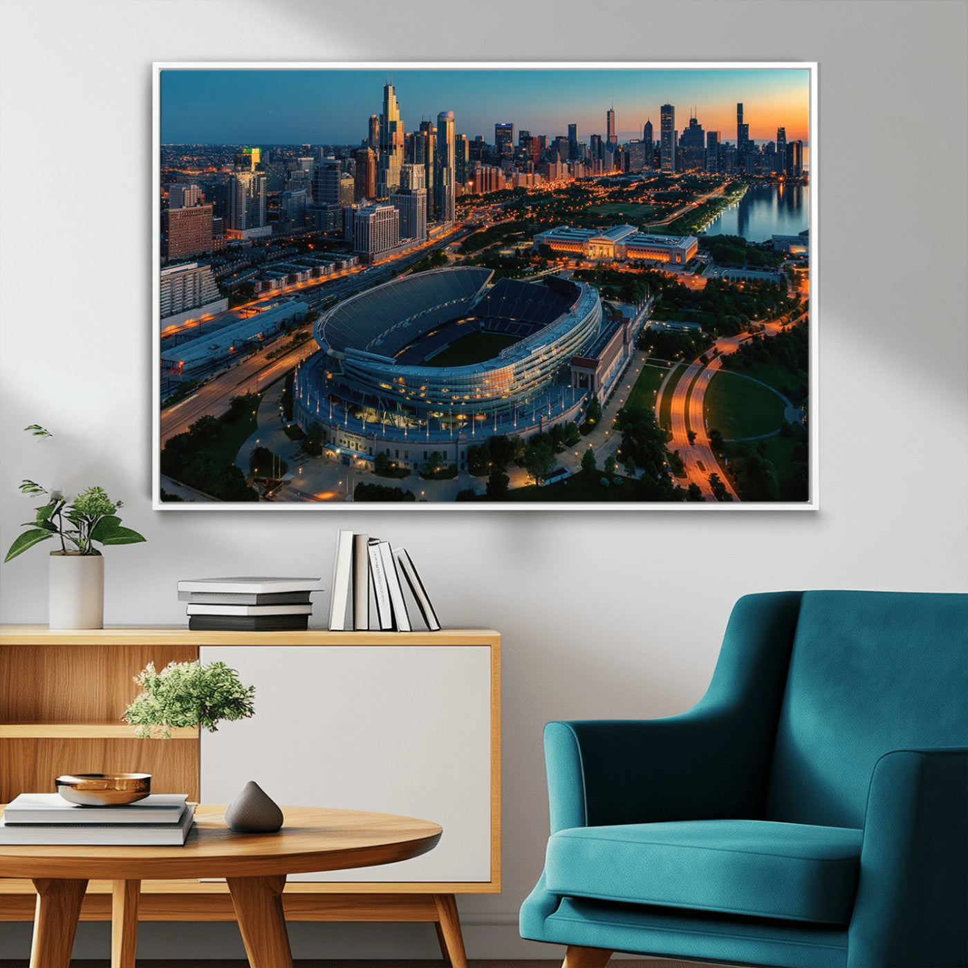 36690345-MGV-CV-36X24-Soldier Field Wall Art – Chicago Bears Stadium Aerial Night Canvas Print, City Skyline Football Decor for Living Room, Office, or