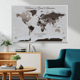 43749658-MGV-CV-36X24-Welcome to Great Adventure World Map Wall Art – Charcoal Gray Canvas Print, Rustic Travel Decor for Living Room, Study, Office or