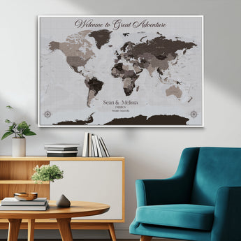 43749658-MGV-CV-36X24-Welcome to Great Adventure World Map Wall Art – Charcoal Gray Canvas Print, Rustic Travel Decor for Living Room, Study, Office or