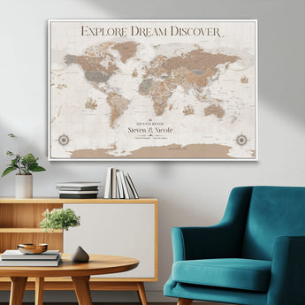 63516865-MGV-CV-36X24-Explore Dream Discover World Map Wall Art – Inspirational Travel Adventure Canvas Print, Neutral Parchment Style Explorer Decor