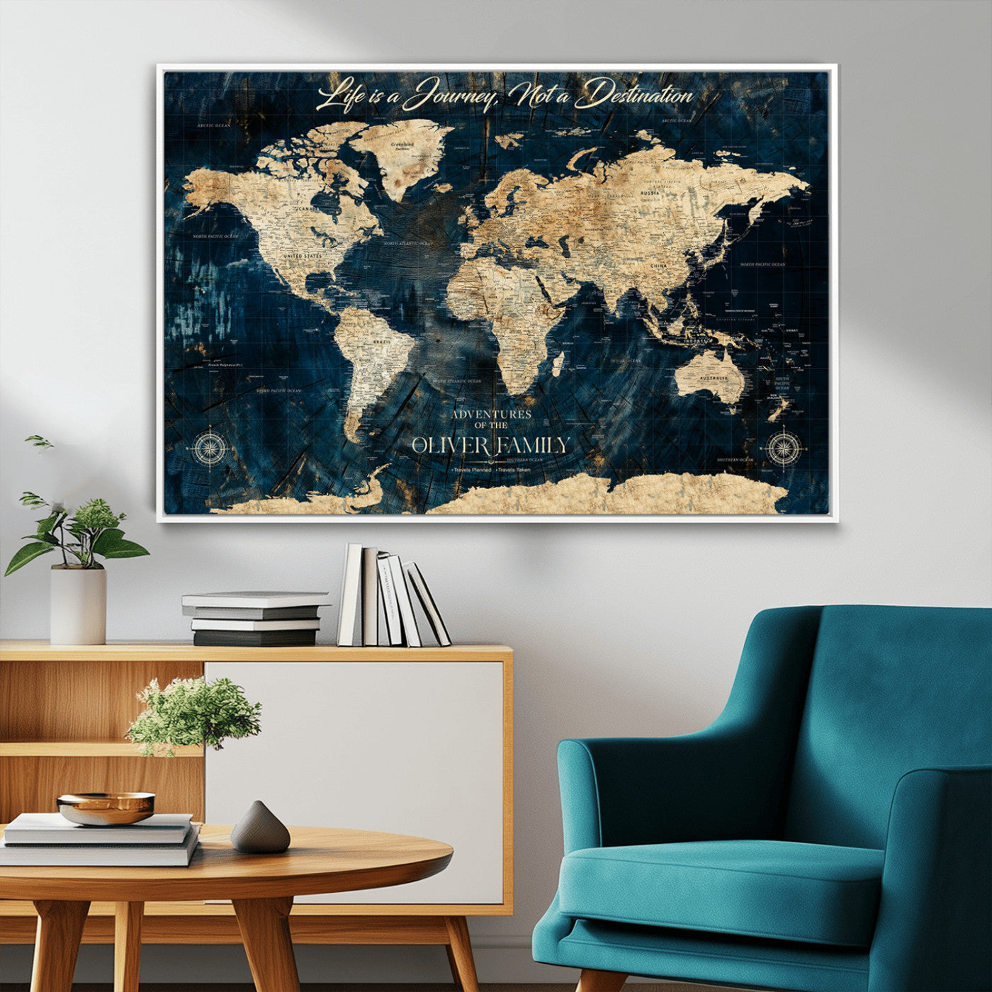 36970886-MGV-CV-36X24-Life is a Journey Not a Destination World Map Rustic Navy Beige Vintage Travel Wall Art Adventure Quote Canvas Print for Home