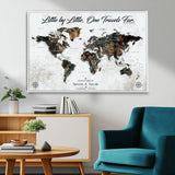 88337180-MGV-CV-36X24-Little by Little One Travels Far Tolkien Quote World Map Rustic Black Brown Adventure Wall Art Canvas Print for Home Office Living