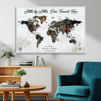 88337180-MGV-CV-36X24-Little by Little One Travels Far Tolkien Quote World Map Rustic Black Brown Adventure Wall Art Canvas Print for Home Office Living