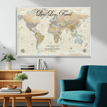 19479008-MGV-CV-36X24-Live Love Travel Wall Art – Detailed World Map Canvas Print, Adventure Decor for Living Room, Office or Bedroom, Travel Gift for
