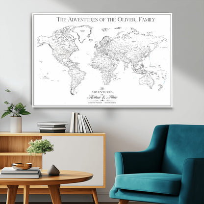 21029247-MGV-CV-36X24-Minimalist World Map Wall Art – Black and White Travel Adventure Print, Modern Family Travel Map Decor for Living Room, Bedroom,