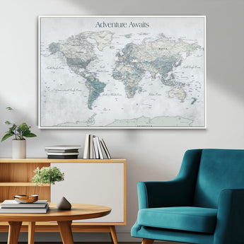 TEST111-MGV-FC-36X24_White-Personalized Adventure Awaits Push Pin World Map – Custom Framed Travel Tracker Canvas Wall Art for Home, Office