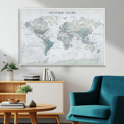 TEST111-MGV-FC-36X24_White-Personalized Adventure Awaits Push Pin World Map – Custom Framed Travel Tracker Canvas Wall Art for Home, Office
