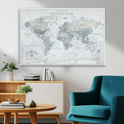 94249974-MGV-FC-36X24_White-Ours Explore World Map Wall Art – Modern Travel Canvas Print, Neutral Adventure Decor for Living Room, Office, Study, Bedroom,
