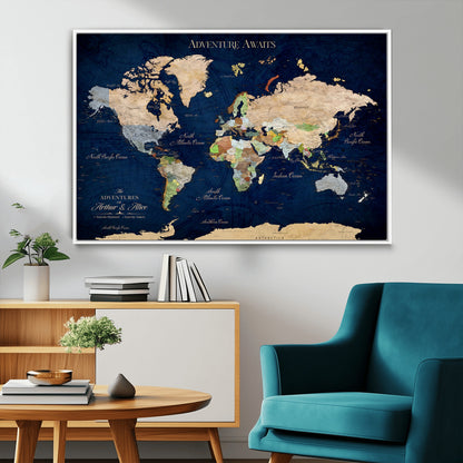 43160428-MGV-FC-36X24_White-Adventure Awaits Navy Blue World Map – Vibrant Travel Canvas Wall Art, Antique Atlas Print, Wanderlust Decor for Home Office
