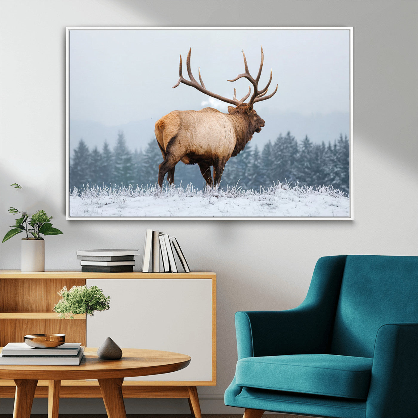 85177251-MGV-FC-36X24_White-Elk Wall Art – Majestic Wildlife Canvas Print of Bull Elk Snowy Forest, Rustic Nature Decor for Living Room, Cabin, or Office