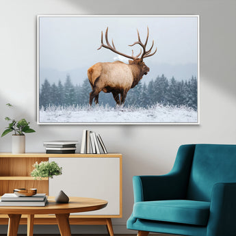 85177251-MGV-FC-36X24_White-Elk Wall Art – Majestic Wildlife Canvas Print of Bull Elk Snowy Forest, Rustic Nature Decor for Living Room, Cabin, or Office