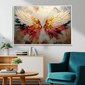 91020932-MGV-FC-36X24_White-Angel Wings Wall Art – Abstract Colorful Canvas Print with Gold and Red Feathers, Modern Spiritual Decor for Living Room, Bedroom,