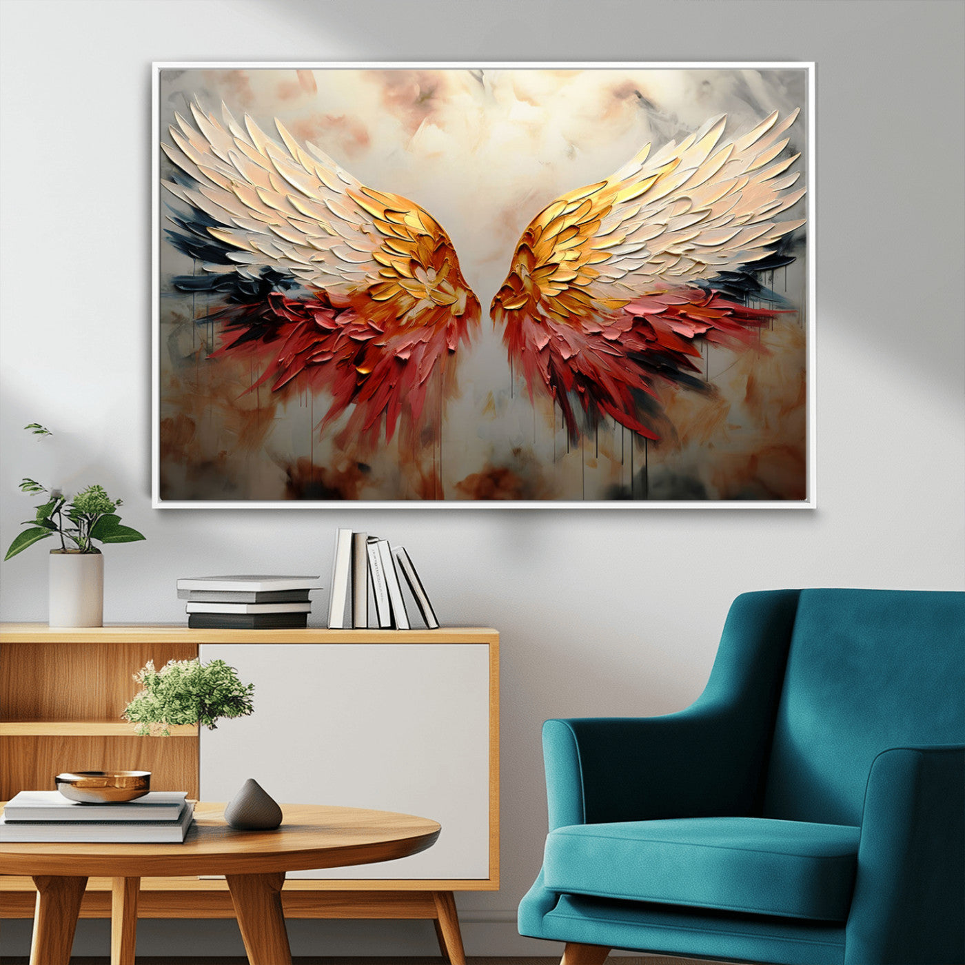 91020932-MGV-FC-36X24_White-Angel Wings Wall Art – Abstract Colorful Canvas Print with Gold and Red Feathers, Modern Spiritual Decor for Living Room, Bedroom,